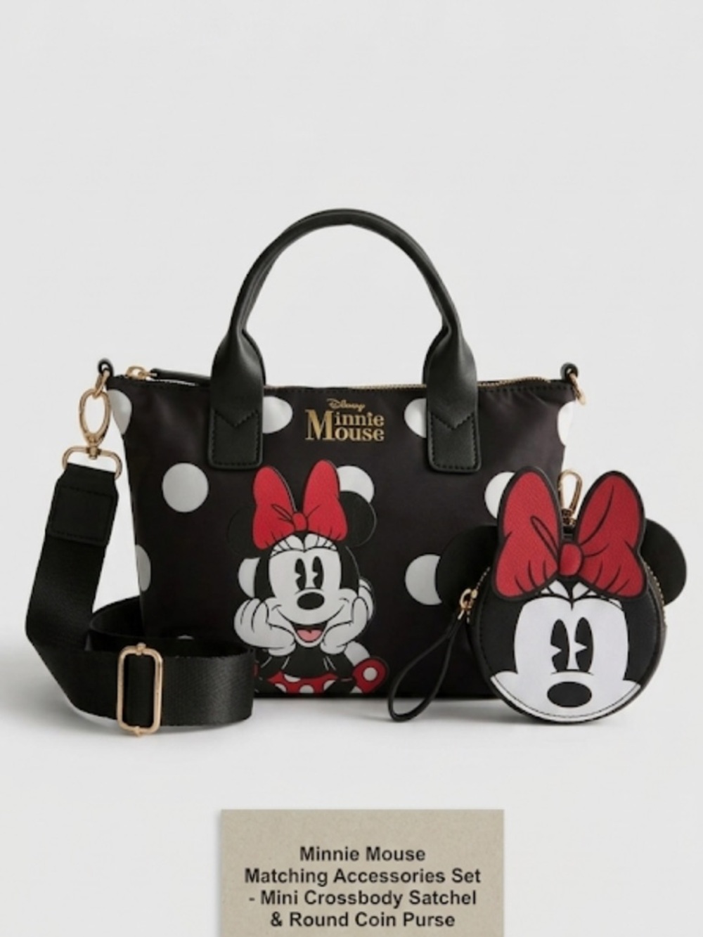 Disney Minnie Mouse Small Black Polka Dot Satchel & Coin Purse Set